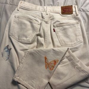 Women's Cream Jeans with Butterfly Print